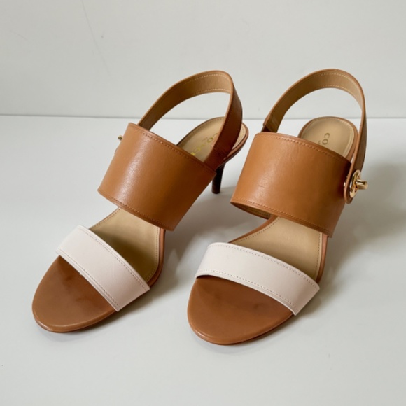 Coach "Marla" Tan / Ivory Leather Dress Sandals Kitten Heels Size 8 M Mint Cond - Picture 6 of 7